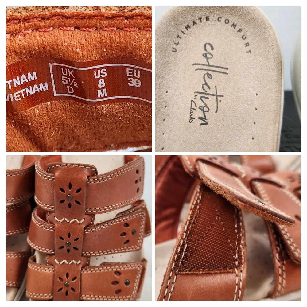 Clarks Collection Leisa Janna Tan Leather Slide Sandals Womens Sz 8 M Adjustable